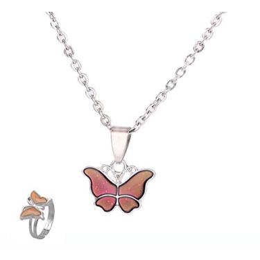 Imagem de 2 peças de anéis de mudança de cor e humor colar tartaruga em forma de coração borboleta estrela e lua colar com pingente oval retrô one size