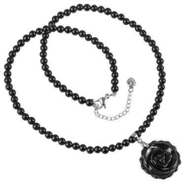 Imagem de Nupuyai Colar com pingente de pedra de flor rosa esculpida à mão para mulheres e homens, colar de contas de cristal longo natural de 4 mm para pulseira unissex de 24 a 24 cm, Pedra obsidiana preta,
