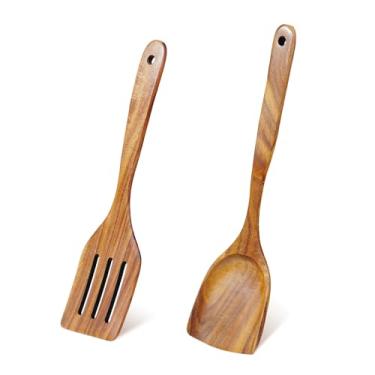 Imagem de FJNATINH Conjunto de 2 espátulas de madeira para cozinhar, espátula de teca natural e espátula com fenda para panelas antiaderentes, utensílios de cozinha para fritar, virar panqueca