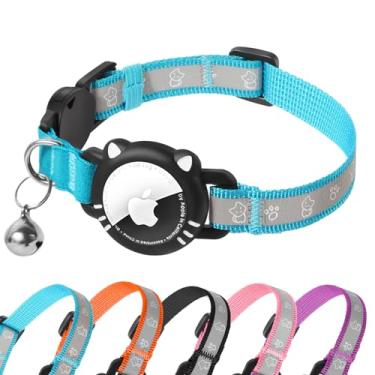 Imagem de AgoumLux Coleira para gatos AirTag, coleira reflexiva para gatos com suporte para Apple Air, coleira rastreadora GPS Breakaway com sino para gatos e gatinhos, azul, PP (7-22 polegadas)