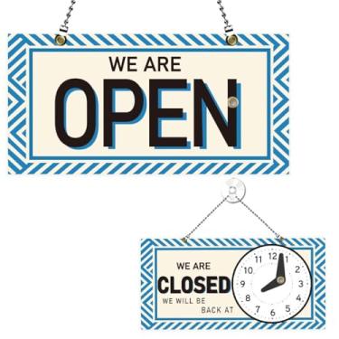 Imagem de PLIGREAT Letreiro aberto e fechado com listras azuis brilhantes placa dupla face aberta fechada para horário comercial placa suspensa para loja de varejo bar padaria loja janela decoração de parede