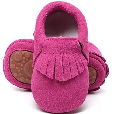 Imagem de HONGTEYA Mocassins de couro para bebês e bebês com sola rígida e borla, Camurça rosa choque, 0-6 Meses
