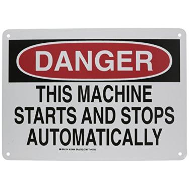 Imagem de Brady Placa operacional e máquina 123686, legenda "This Machine Starts and Stops Automatically", 25,4 cm de altura, 35,5 cm de largura, preto e vermelho em branco