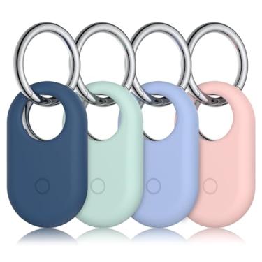 Imagem de Pacote com 4 suportes para Samsung Galaxy SmartTag 2, capa protetora de silicone para Galaxy Smart Tag 2 com chaveiro para animais de estimação, chaves, bagagem, mochilas e mais (azul marinho/rosa