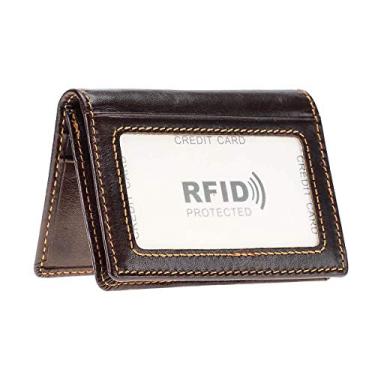 Imagem de HAWEE Carteira masculina dobrável com bolso frontal de couro genuíno com bloqueio de RFID, Café, 4.13x3.03x0.59in, Carteira fina