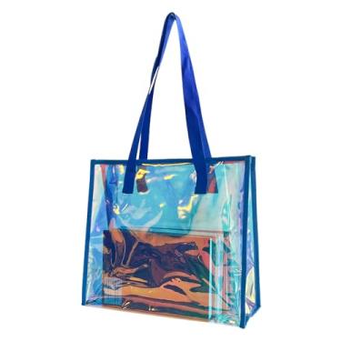 Imagem de ONEART Bolsa transparente iridescente, bolsa de praia holográfica moderna, impermeável, bolsa de ombro para compras, academia, viagens, Azul, 35cmx12cmx30cm