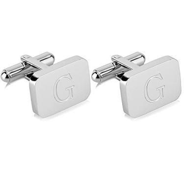 Imagem de Abotoaduras masculinas de aço inoxidável gravadas com iniciais banhadas a ouro branco 18K com caixa de presente - Letras personalizadas do alfabeto A-Z da Lux & Pair, Aço inoxidável,