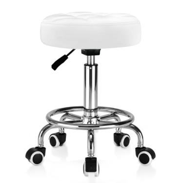 Imagem de Banqueta redonda de couro PU – Banco acolchoado ultramacio com rodas com apoio para os pés, capacidade de peso de 136 kg, banco de altura ajustável para salão de massagem de tatuagem, centro de spa