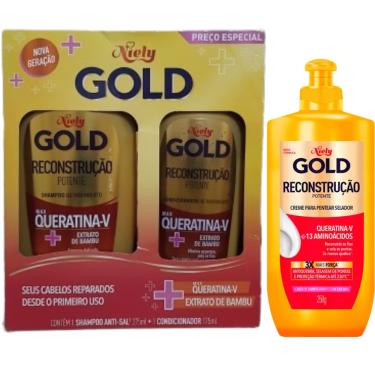 Imagem de Shampoo e Condicionador Niely Gold Reconstrução Potente + Creme para Pentear