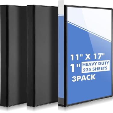 Imagem de Sinload 3 fichários de 28 x 43 cm com 3 argolas de 2,5 cm com bolsos para apresentação e capa transparente personalizável para projetos de arquivos de documentos, preto