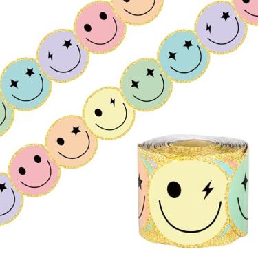 Imagem de Fronteiras de quadro de avisos de rosto feliz de 200 m, decorações de quadro de avisos de rosto sorridente pastel acabamento de borda de rosto sorridente com glitter bordas de boletim cortadas em