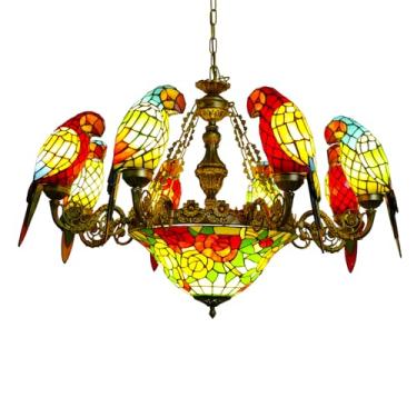Imagem de VirtueKing Lustre Tiffany Estilo Papagaio Pássaro 8+1 Luzes Pendentes Lustre De Vidro Colorido 37" De Largura Lustre Estilo Tiffany Para Sala De Jantar Sala De Estar Luz Suspensa De Teto De Hotel