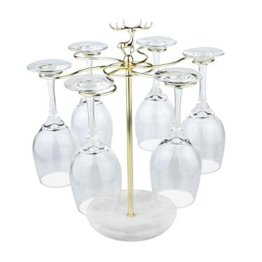 Imagem de Suporte de taça de vinho, 6 ganchos com base de mármore, suporte independente para mesa de vidro, suporte de exibição para cozinha, bar, sala de jantar
