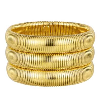 Imagem de Emibele Conjunto de 3 peças, pulseira elástica de titânio grosso, não mancha, pulseira larga flexível em camadas para mulheres, Metal, Sem pedras preciosas