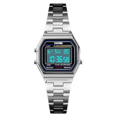 Imagem de Relógio digital feminino dourado fino de aço inoxidável, cronômetro, à prova d'água, despertador, LED, relógio esportivo, Prata, S, Cronógrafo, digital