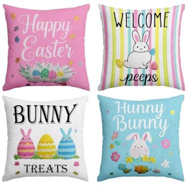 Imagem de YOSICHY Capas de almofada de Páscoa 45,7 x 45,7 cm, decorações de Páscoa para casa, conjunto de 4 capas de almofada decorativas Happy Easter Hunny Bunny rosa azul decoração de casa de fazenda de