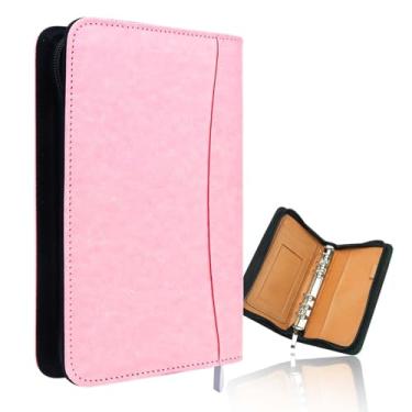 Imagem de Fichário rosa A6 Budget Binder com zíper de couro PU, capa recarregável, 6 anéis, capa de encadernação de folhas soltas para planejador, acessórios de diário de viagem (fichário rosa A6)
