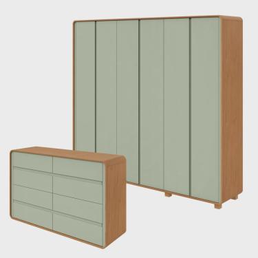 Imagem de Conjunto de Guarda-roupa Casal Loop 6 Portas com Pés e Cômoda 8 Gavetas 152x48x96cm Loop