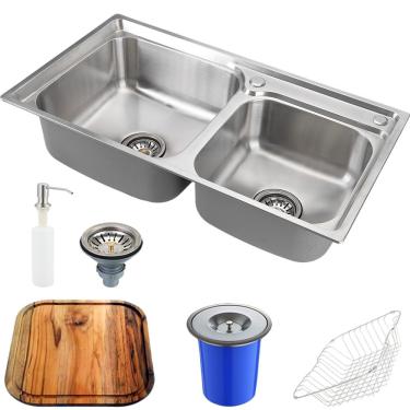 Imagem de Cuba para cozinha gourmet pia dupla aço inox com acessórios e tábua de corte e lixeira 5L Ticunas pingoo.casa