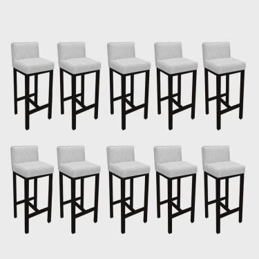 Imagem de Kit 10 Banqueta Alta Com Encosto Loren Cozinha Balcão Bistrô Base Madeira Preto Tecido Sintético Branco - Ahz Móveis