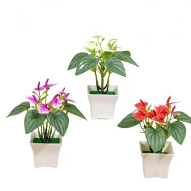 Imagem de XIZHI 3 peças de mini flores artificiais de antúrio com vaso, planta falsa de lírio de calla de 17 cm, vaso de flores falsas, andraeanum, para decoração de mesa central de casamento em casa