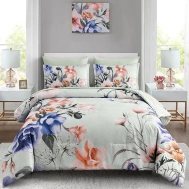 Imagem de Conjunto de edredom Luxudecor Floral Queen Size, 7 peças, verde