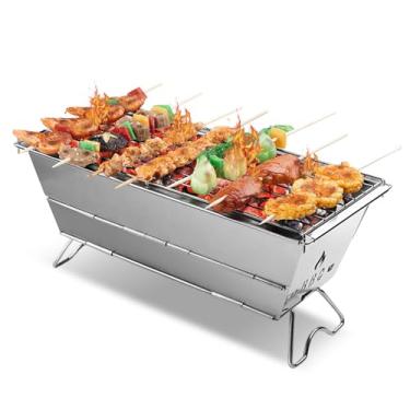 Imagem de Grill portátil de churrasco de acampamento se desenrola e não usa ferramentas necessárias para o fogão a carvão dobrável de aço inoxidável com galhos de carvão para piquenique ao