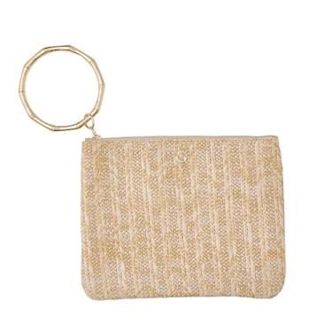 Imagem de Oventure Bolsa para pulseira – Bolsa clutch com zíper de bambu, bolsa de pulso elegante para mulheres, acessório leve e espaçoso, Tan Raffia