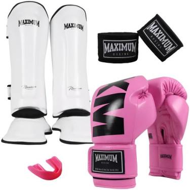 Imagem de Kit Luva Muay Thai Mxm Pink + Caneleira Muay Thai White + Bandagem 3M 