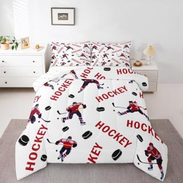 Imagem de jejeloiu Jogo de cama solteiro para jogadores de hóquei, esporte de hóquei, para crianças, meninos, meninas, branco, vermelho, conjunto de edredom para esportes de inverno, 2 peças