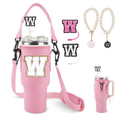 Imagem de Initial Water Bottle Holder Bag for Stanley 40oz Tumbler with Hand & Adjustable Shoulder Strap, Personalized Initial Straw Cover Cap & Letter Chains, Gift for Stanley Cup Accessories(Pink-White W)