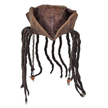 Imagem de Fantasia de pirata caribenha marrom envelhecido chapéu triplo adulto com dreadlocks, marrom, vermelho, One Size Fits Most