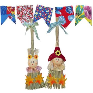 Imagem de Kit Decoração Festa Junina: Vassoura Casal Espantalhos + Bandeirinhas Tecido Chita Cordão 5 metros