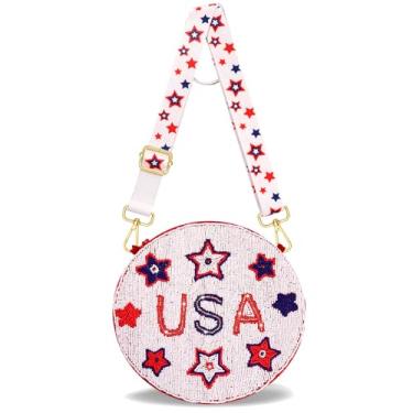 Imagem de CEALXHENY Bolsa feminina de 4 de julho com contas de lantejoulas e estrela dos EUA, bandeira americana, bolsa de ombro transversal, roupas de 4 de julho, Multicor, Estilo F