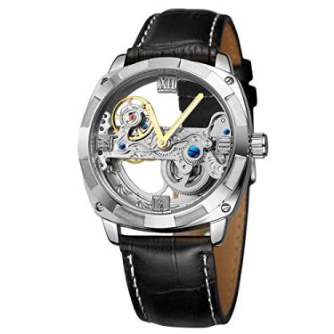 Imagem de FORSINING Relógio masculino casual com esqueleto mecânico automático, mostrador analógico, pulseira de couro, Prata e preto., Clássico