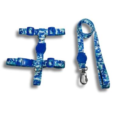 Imagem de Coleira Peitoral Tipo H para Cães - Anti-Puxão com Guia de 1,10m | Varias Estampas (Camuflado Azul,G)