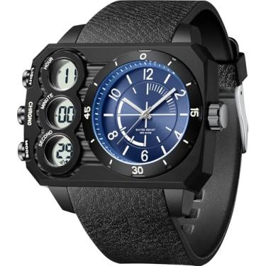 Imagem de findtime Relógio masculino grande, analógico, digital, exclusivo, fuso horário, esportivo, ao ar livre, quadrado, grande, alarme, cronômetro, contagem regressiva, LED, luminoso, relojes para hombres