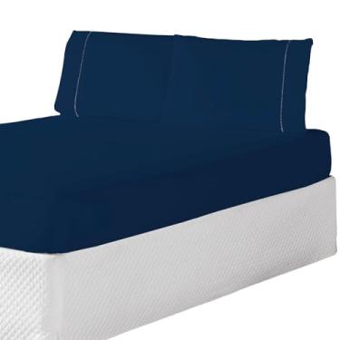 Imagem de Jogo de Lençol com Elástico para Cama de Solteiro, 2 Peças, Fronha Bordada, Azul Marinho