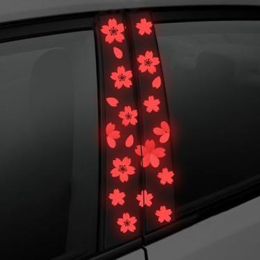 Imagem de Nouiroy Adesivo refletivo Sakura de flores de cerejeira para adesivos de carro B-pilar, adesivo DIY refletivo noturno B-pilar, decalque autoadesivo de vinil de flores bonitas (vermelho)