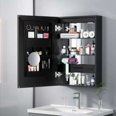 Imagem de LIGMIRR Armário de remédios iluminado para banheiro, armário de remédios preto de 50 × 76 cm com espelho, 2 tomadas e portas USB, desembaçador, regulador, interruptor de toque, montagem em superfície