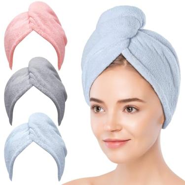 Imagem de kit 3 Toalha de Cabelo de Microfibra, Turbantes de Cabelo para Cabelos Molhados, Toalhas de Secagem para Cabelo Cacheado Mulheres Anti Frizz (Azul, Cinza, Rosa)