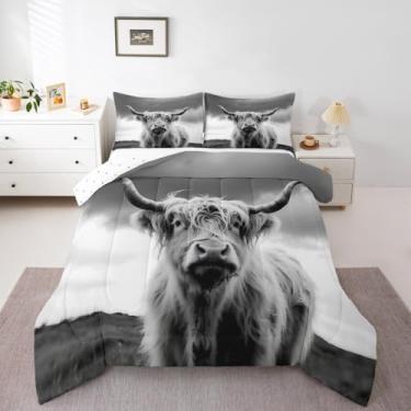 Imagem de Feelyou Conjunto de edredom King de vaca Highland cinza para meninos e meninas, adolescentes, animais do oeste, vida selvagem, macio, leve, microfibra para decoração de quarto, 3 peças