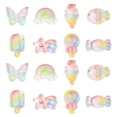 Imagem de Stiesy 48 peças de pingentes de geleca de resina colorida transparente com glitter em pó, pirulito doce, sorvete, arco-íris, forma de borboleta, sem orifícios, contas, costas planas para artesanato