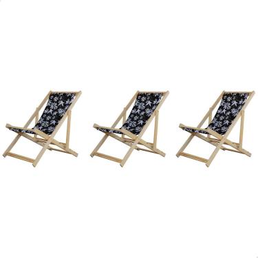 Imagem de Kit 3 Espreguiçadeiras Preguiçosa Dobrável sem Braço Natural em Madeira Maciça Tecido
