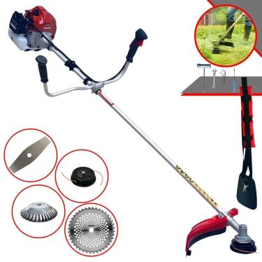 Imagem de Máquina de Cortar Grama Kawashima BCJ431-L À Gasolina 2T 43cc 1,7HP 10.000rpm Roçadeira Com Carretel + Faca 2 Pontas + Faca 40 Dentes + Escova de Aço