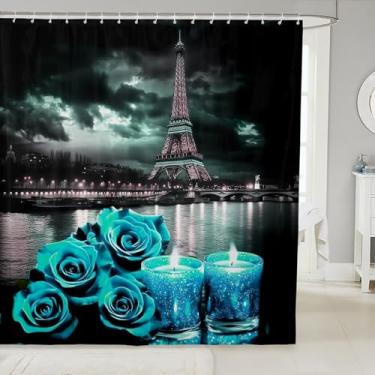 Imagem de Erosebridal Cortina de chuveiro Paris 183 cm L x 182 C, cortina de banheiro retrô azul-petróleo rosa romântica floral Torre Eiffel cortinas de banheira para meninas homens mulheres acessórios de