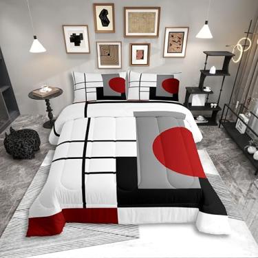 Imagem de Erosebridal Conjunto de cama casal, listrado, branco, preto, vermelho, boêmio, geométrico, abstrato, geométrico, geométrico, geométrico, linhas geométricas, linhas, minimalista, quadrado e círculo