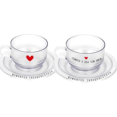 Imagem de Kit 2 Canecas De Acrílico Fosca + Pires Personalizada Comece o Dia Com Amor 280ml Cantinho Do Café