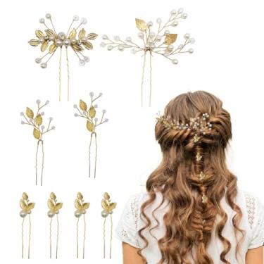 Imagem de Conjunto de 8 alfinetes de cabelo para noivas, folhas douradas, acessórios para noivas e damas de honra, acessórios de casamento (ouro A, G)
