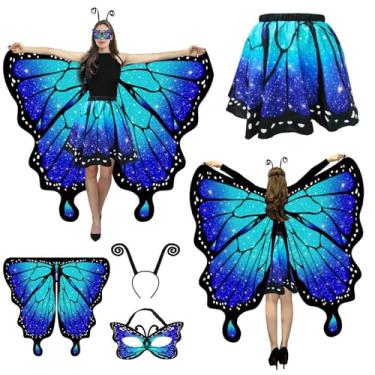 Imagem de Ziwijity Fantasias de asas de borboleta para mulheres, capa de borboleta de Halloween com saia para adultos, conjunto de festa de fantasia de fada, Verde, azul, Tamanho Único